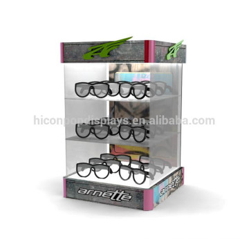 Vitrine d&#39;affichage de lunettes en acrylique avec cadre en bois à 3 niveaux de comptoir de luminaire de magasin de détail de lunettes